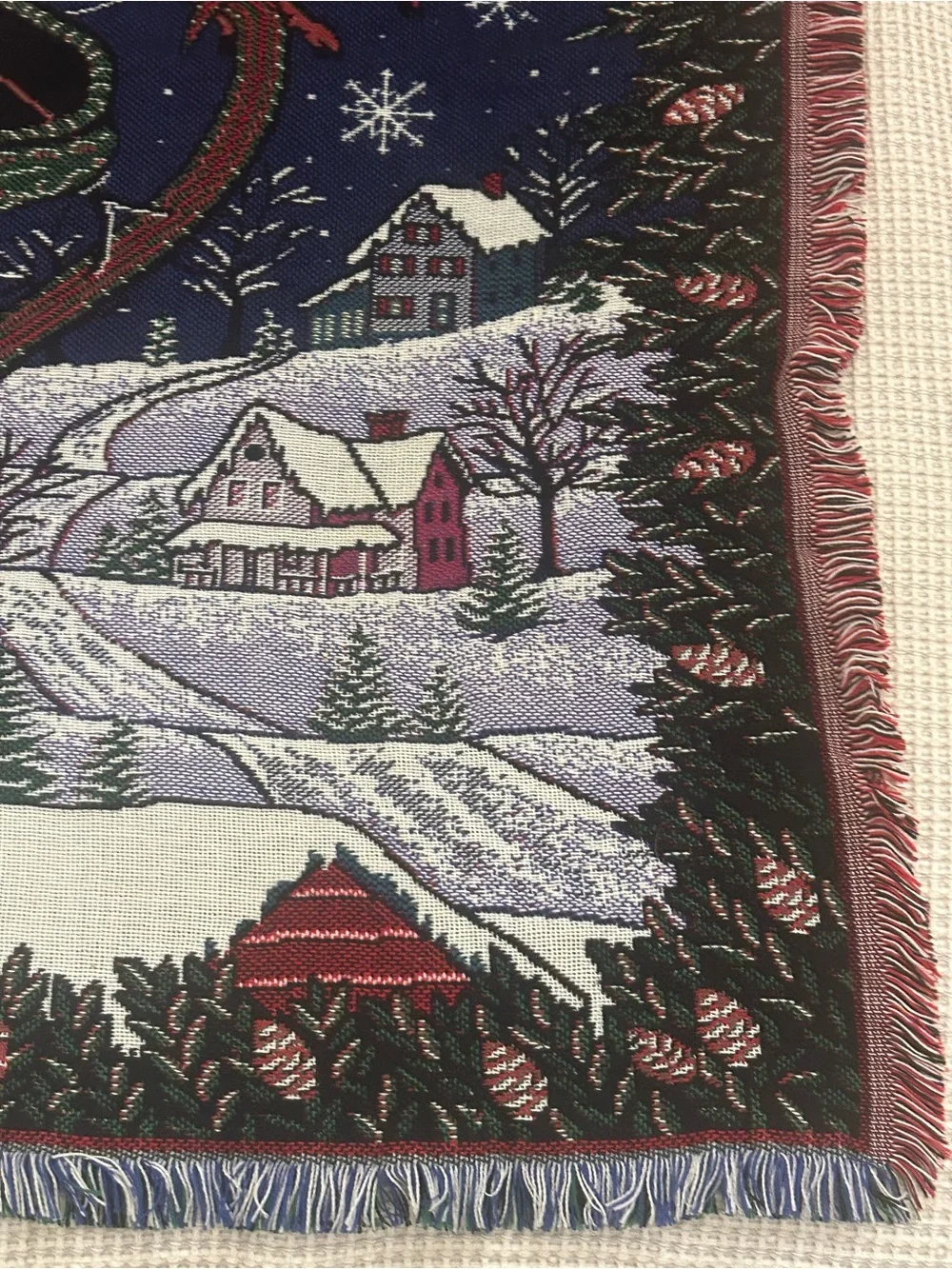 Tapestry Santa Sleigh Holiday Throw Blanket - Navy and Red